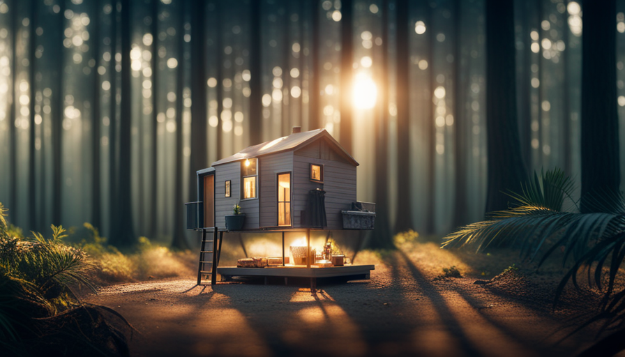 An image showcasing a 16ft tiny house nestled among towering trees, emphasizing its height