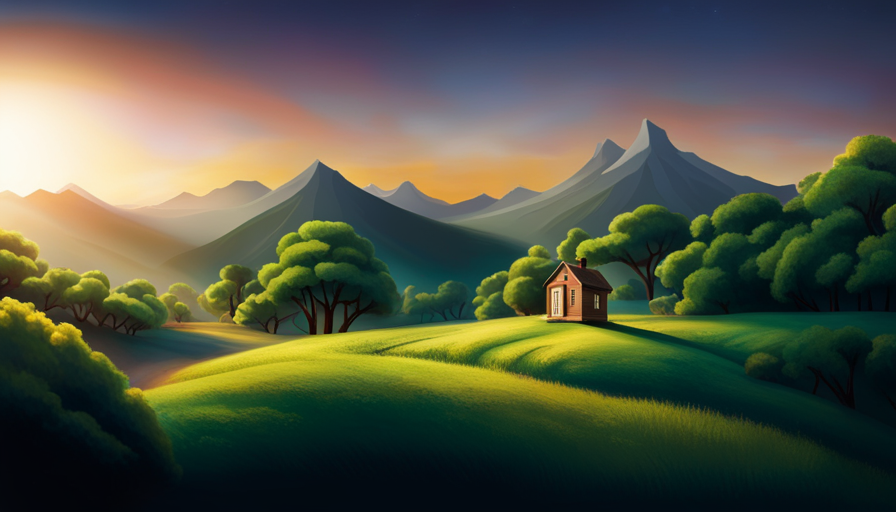 An image showing a lush green landscape with a tiny house nestled among towering trees, framed by majestic mountains in the background