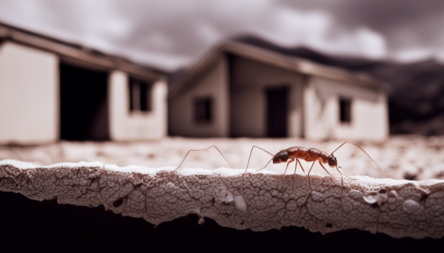An image showcasing a meticulously sealed exterior of a house, with caulked cracks, weather-stripped doors and windows, and a barrier of diatomaceous earth around the foundation, repelling tiny little ants from infiltrating the walls