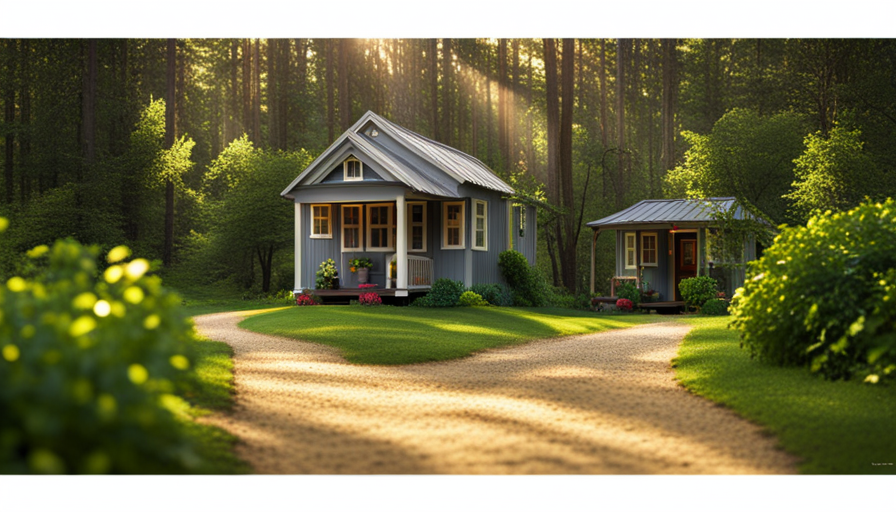 An image of a serene wooded landscape with a rustic pathway leading to a charming tiny house nestled among towering trees