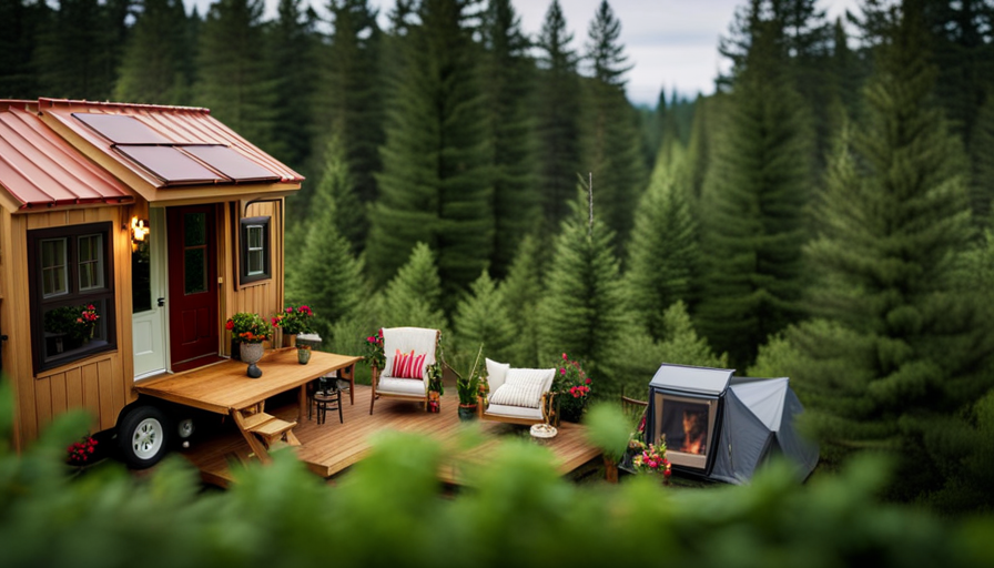 an aerial view of a rustic, off-grid tiny house nestled among towering evergreen trees, showcasing its quaint porch, loft bedroom with skylight, solar panels, and a cozy outdoor seating area with a crackling fire pit