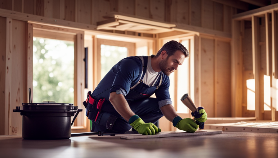 A captivating image of a skilled carpenter, clad in protective gear, diligently installing charming wooden panels onto the interior walls of a cozy tiny house, transforming it into a warm and inviting living space