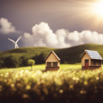An image capturing a tiny house powered by solar panels, with the sun's rays beaming down on the roof, while a wind turbine gracefully spins in the background, harnessing the power of the wind