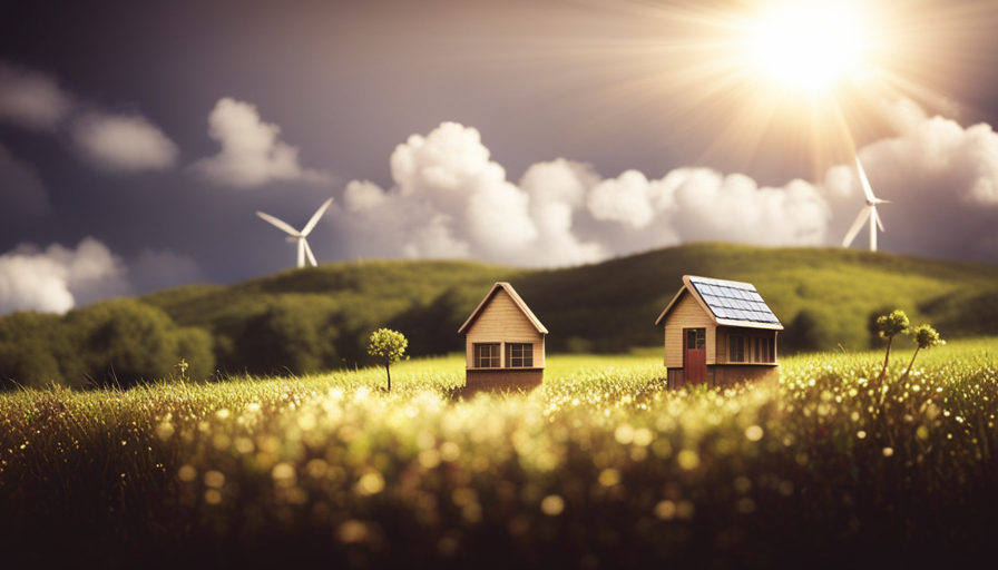An image capturing a tiny house powered by solar panels, with the sun's rays beaming down on the roof, while a wind turbine gracefully spins in the background, harnessing the power of the wind