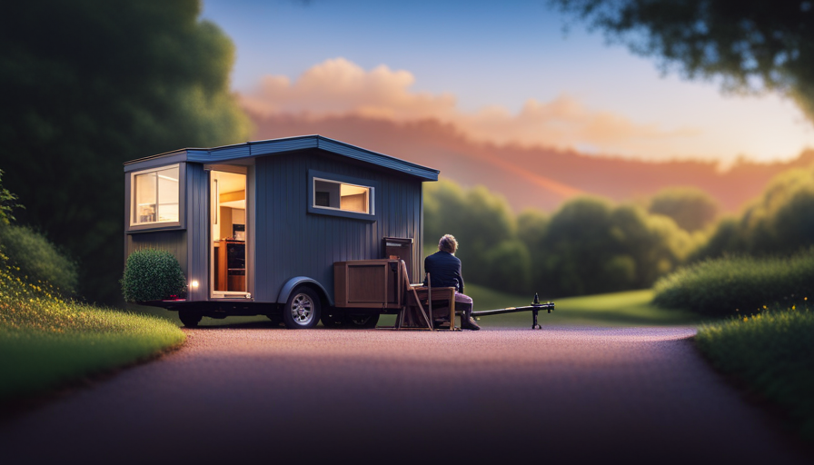 An image showcasing a tiny house trailer parked in a designated area of a residential neighborhood