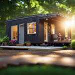 An image showcasing a 400 sq ft prefabricated tiny house nestled amidst lush greenery, with sunlight streaming through large windows