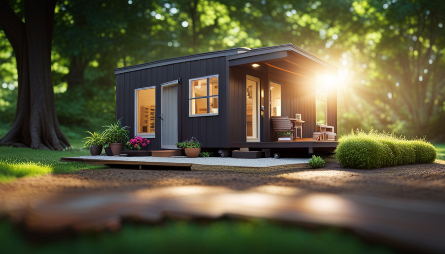 An image showcasing a 400 sq ft prefabricated tiny house nestled amidst lush greenery, with sunlight streaming through large windows