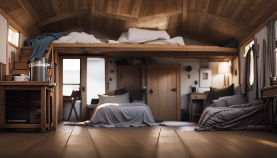 An image showcasing a cramped, cluttered tiny house interior, with minimal natural light filtering through tiny windows