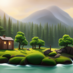 An image showcasing a picturesque landscape with a tiny house nestled amidst towering trees and flowing streams, capturing the essence of simplicity, self-reliance, and harmony with nature - a visual representation of Tiny House Nation's connection to Transcendentalism