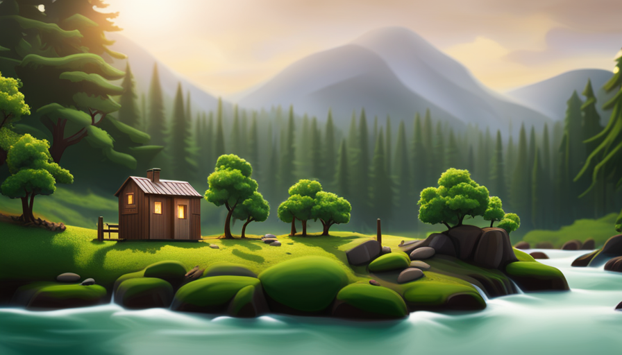 An image showcasing a picturesque landscape with a tiny house nestled amidst towering trees and flowing streams, capturing the essence of simplicity, self-reliance, and harmony with nature - a visual representation of Tiny House Nation's connection to Transcendentalism