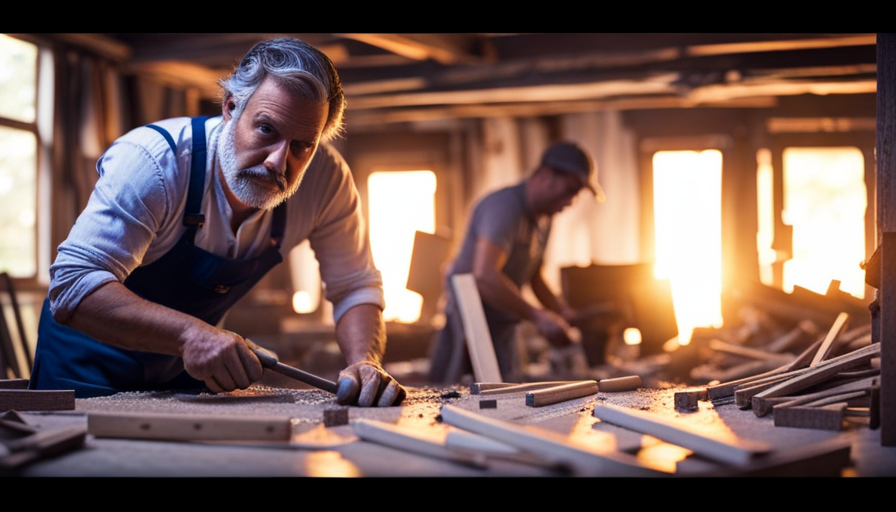 An image showcasing a skilled craftsman meticulously hammering together a stunning tiny house frame, surrounded by a cluttered workshop filled with sawdust, neatly arranged tools, and rolls of architectural blueprints