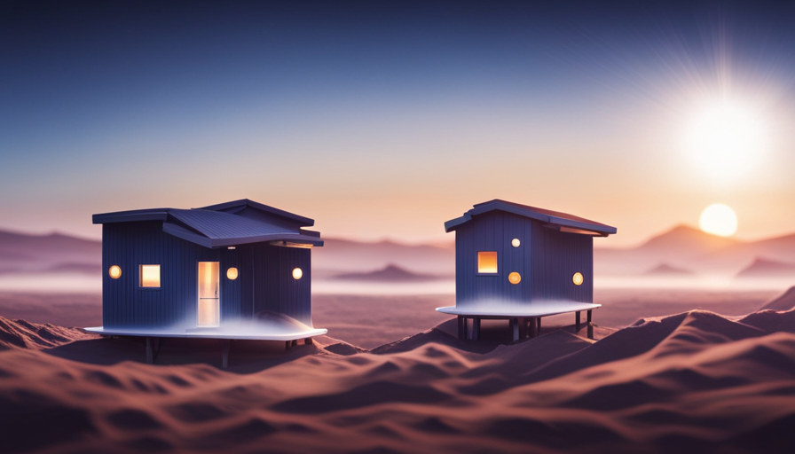 An image illustrating a cozy, minimalist tiny house surrounded by a spacious solar system composed of multiple solar panels, batteries, and inverters to power all its energy-efficient appliances and systems