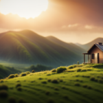 An image showcasing a sprawling landscape with a small, charming tiny house nestled amidst towering trees and rolling hills