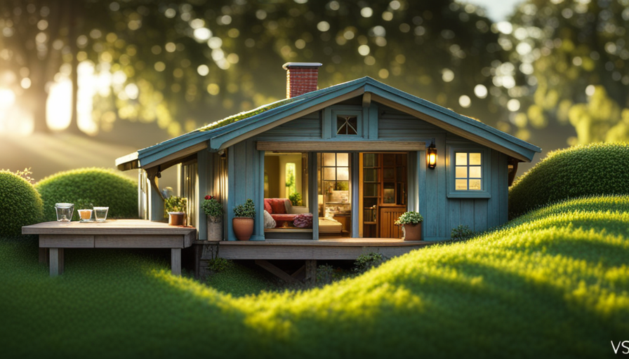 An image showcasing a cozy, pint-sized abode nestled amidst a lush, verdant landscape