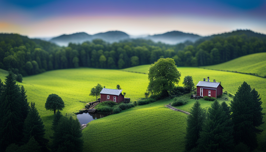An image showcasing an aerial view of a serene countryside landscape with a charming tiny house nestled among lush greenery