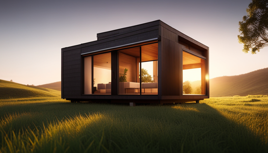 An image depicting a cozy, minimalist tiny house nestled in a serene, natural landscape, showcasing innovative use of recycled materials, solar panels, and a small vertical garden to illustrate the concept of a budget-friendly, sustainable living space