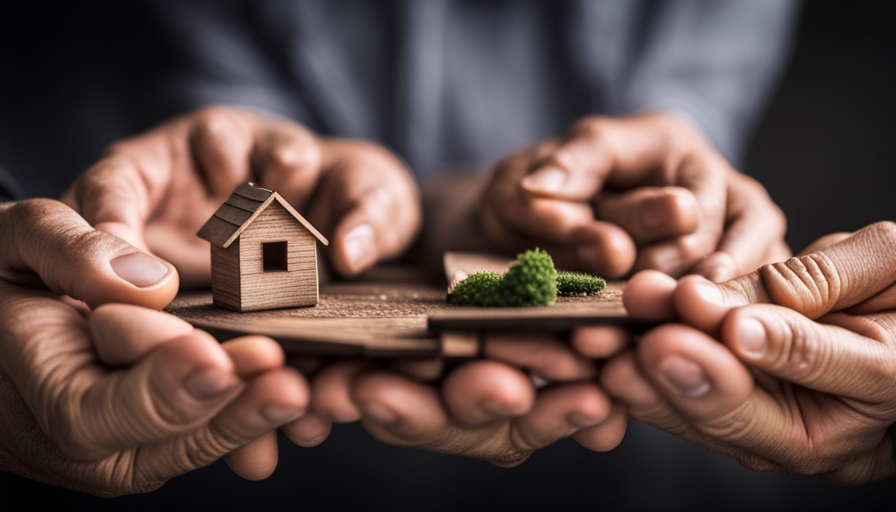 An image featuring a pair of hands exchanging a miniature wooden house, symbolizing the transfer of ownership