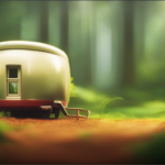 An image showcasing a serene landscape with a tiny house trailer nestled within towering trees, emphasizing its compact size