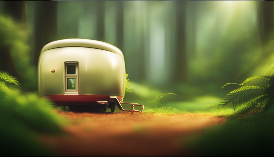 An image showcasing a serene landscape with a tiny house trailer nestled within towering trees, emphasizing its compact size