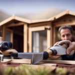 An image capturing the intricate process of constructing a tiny house, showcasing the meticulous measurement and cutting of timber, precise assembly of walls and roof, and a craftsman's focused hands working tirelessly to bring this dream dwelling to life