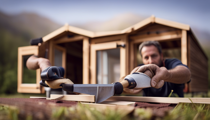 An image capturing the intricate process of constructing a tiny house, showcasing the meticulous measurement and cutting of timber, precise assembly of walls and roof, and a craftsman's focused hands working tirelessly to bring this dream dwelling to life