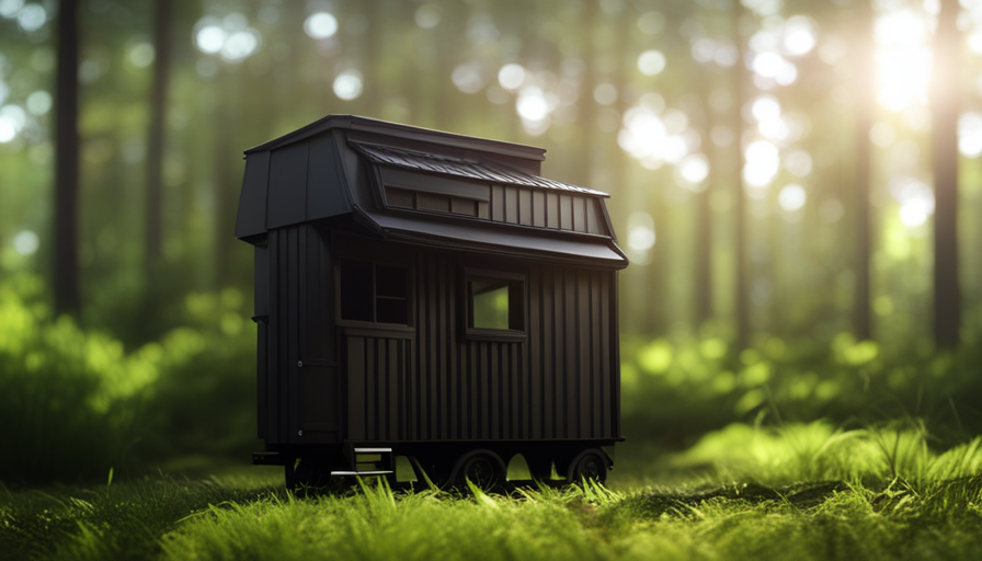 An image showcasing a spacious 3 axle tiny house nestled amidst a lush forest backdrop