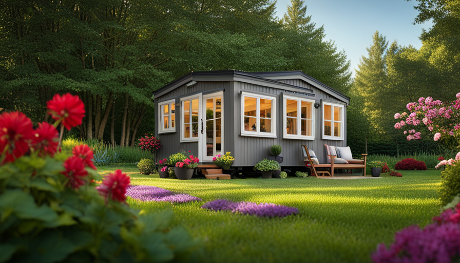 An image capturing a lush, serene backyard setting with a spacious, stationary tiny house nestled among vibrant trees, showcasing a charming patio, blooming flower beds, and cozy outdoor seating, emphasizing the longevity and comfort of a non-mobile tiny home