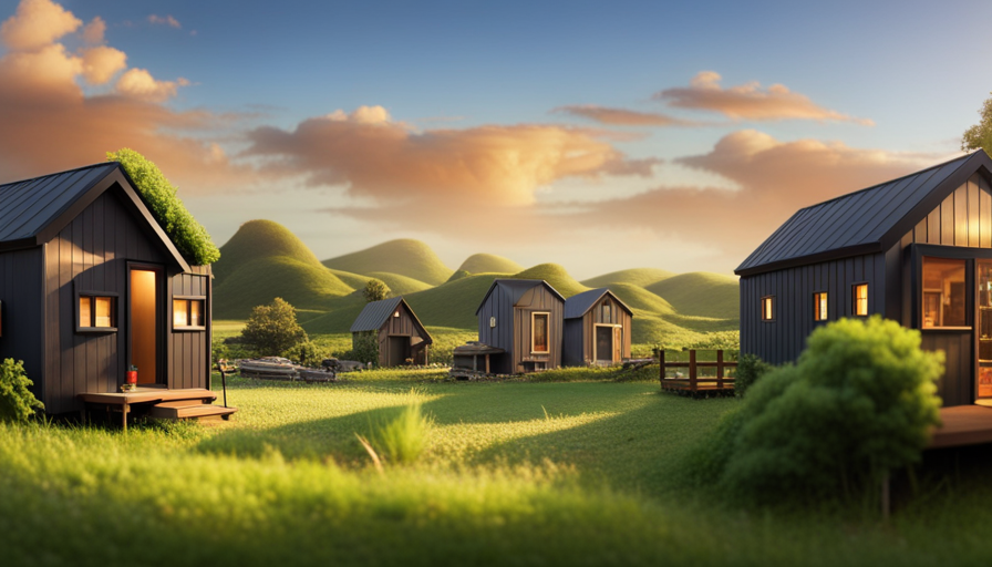 An image showcasing a sprawling tiny house village nestled amidst lush greenery, with an array of uniquely designed tiny houses varying in lengths, highlighting the diversity and creativity achievable when tiny houses are liberated from the constraints of wheels