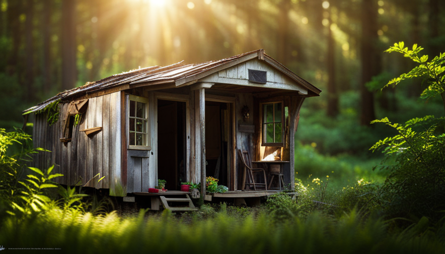 the essence of time's wear and tear on a tiny house: An aged structure nestled amidst a lush forest, weathered wood adorned with patches, and a solitary sunbeam filtering through the cracked windowpane