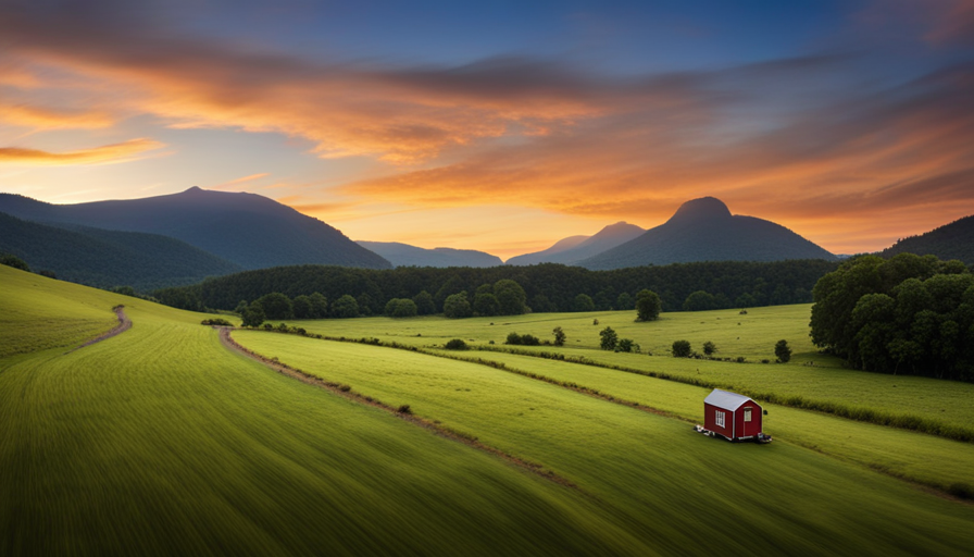 Capture an image of a picturesque countryside landscape, with a charming tiny house on wheels nestled at the edge of a meandering river