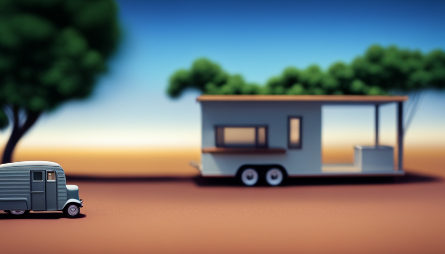 An image showcasing a tiny house trailer, stretching across the scenic horizon