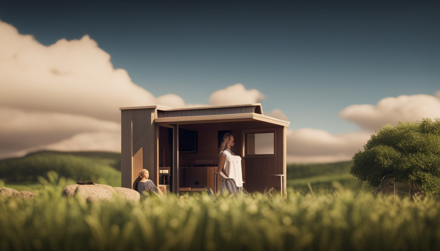 An image depicting a serene landscape where a charming, elongated tiny house seamlessly blends into its surroundings