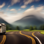 An image capturing a compact, sleek tiny house on wheels, measuring no more than 20 feet in length, effortlessly being towed by a car along a scenic road bordered by towering trees and rolling hills