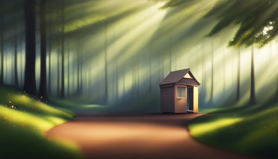 An image of a serene, picturesque landscape with a tiny house nestled amidst towering trees, showcasing the seamless integration of nature and architecture, inviting readers to explore the financial possibilities of financing a tiny house