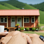 An image of a cozy, minimalist tiny house set against a backdrop of rolling hills