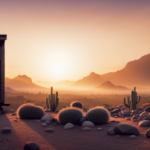 An image capturing the vast Arizona desert landscape, with a cozy, minimalist tiny house nestled amidst cacti and boulders