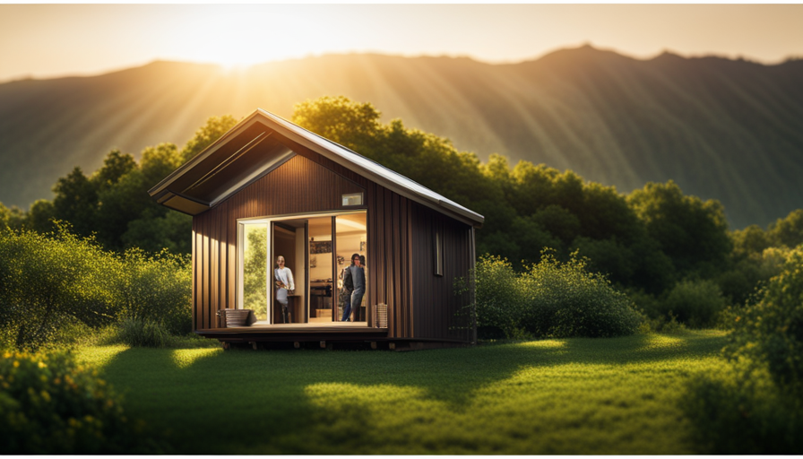 An image of a sun-kissed, off-grid tiny house, nestled amidst lush greenery
