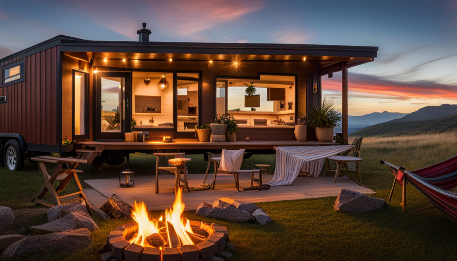 An image that captures the essence of "How Long Do HGTV Tiny House People Live In?" Show a cozy, yet compact, tiny house nestled amidst picturesque scenery, showcasing a quaint outdoor living area with potted plants, a hammock, and a fire pit
