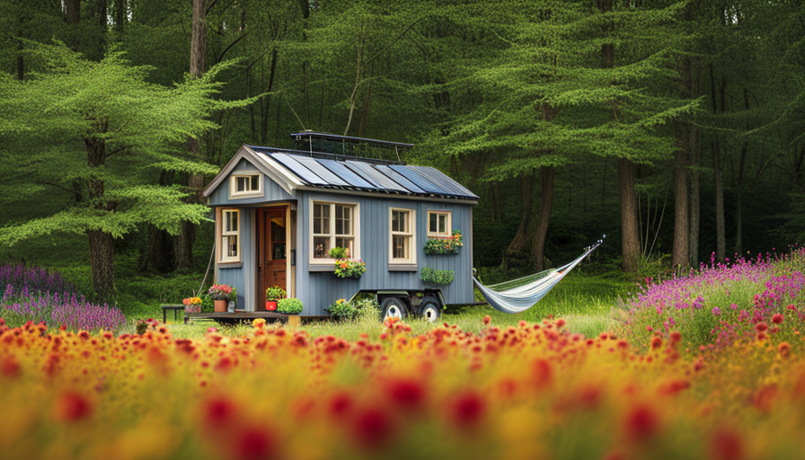 An image of a cozy, rustic tiny house nestled amongst towering trees and blooming wildflowers