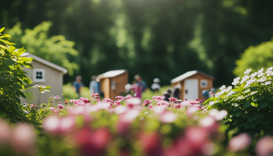 An image showcasing a cluster of diverse tiny houses, nestled amidst lush greenery, with individuals of varying ages engaged in different activities like gardening, yoga, and reading, symbolizing the harmonious and fulfilling lives people lead in tiny homes