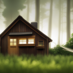 An image showcasing a cozy, rustic tiny house nestled among towering trees, with smoke gently billowing from the chimney