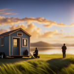 An image featuring a serene countryside landscape with a tiny house on wheels parked near a picturesque lake