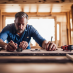 An image showcasing a person meticulously measuring and cutting wooden planks, surrounded by tools, blueprints, and a stopwatch, capturing the step-by-step process of constructing a tiny house from scratch
