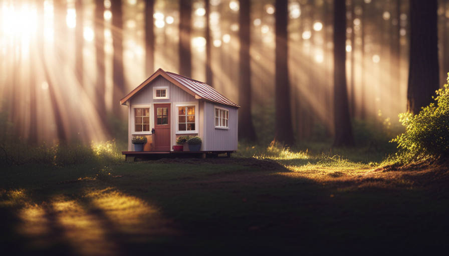 An image showcasing a cozy tiny house nestled amidst a picturesque forest, adorned with twinkling fairy lights