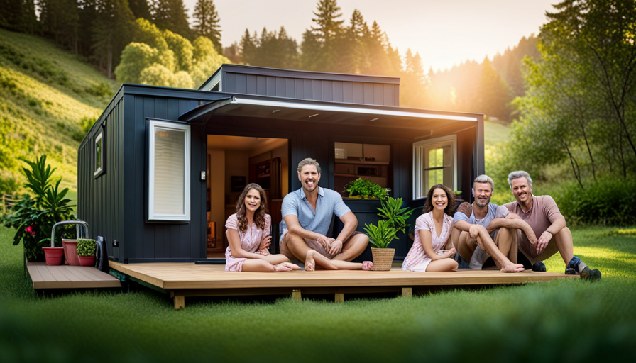 An image showcasing a cozy, well-lived tiny house enveloped by lush greenery, with a smiling family of four enjoying their outdoor deck, capturing the essence of contentment and longevity in tiny house living