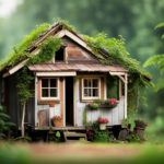 An image showcasing the passage of time for a blog post on "How Long Does a Tiny House Last?" Depict an aging, weathered tiny house surrounded by lush greenery, with fading paint, worn-out windows, and a slightly sagging roof