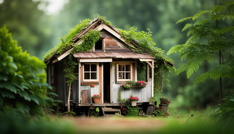 An image showcasing the passage of time for a blog post on "How Long Does a Tiny House Last?" Depict an aging, weathered tiny house surrounded by lush greenery, with fading paint, worn-out windows, and a slightly sagging roof