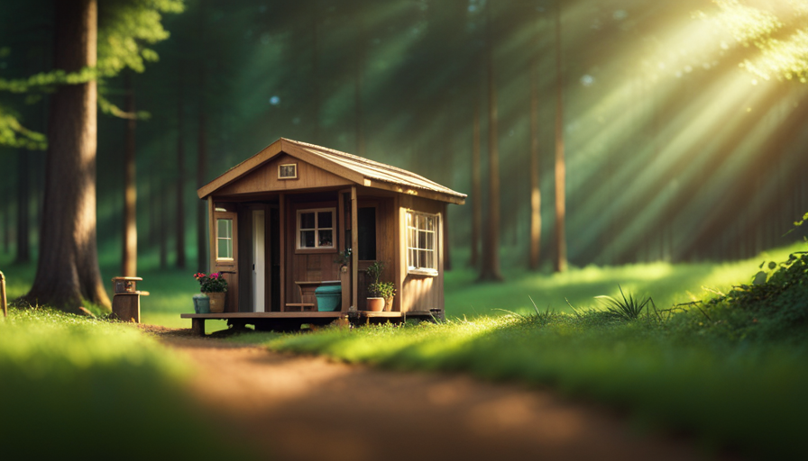 An image capturing a serene, forested landscape with a charming, pint-sized abode tucked amidst towering trees