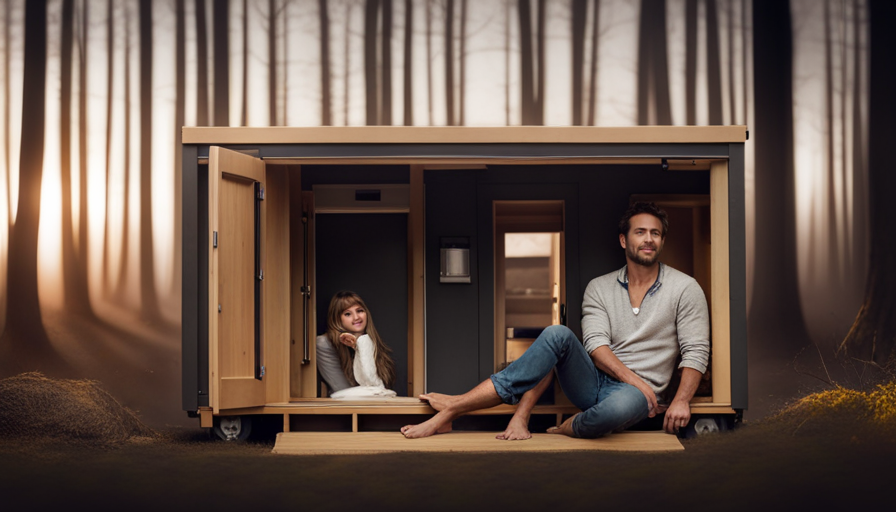 An image showcasing a cozy 200 sq foot tiny house with a neatly furnished living area, a compact kitchenette, a loft bedroom with a skylight, and a petite bathroom with a clever space-saving design