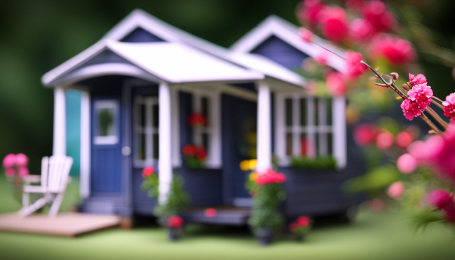 An image showcasing a 200 sq ft tiny house, highlighting its compact exterior design, featuring a cozy porch with two chairs, tall windows allowing ample natural light, and a charming rooftop garden with vibrant flowers